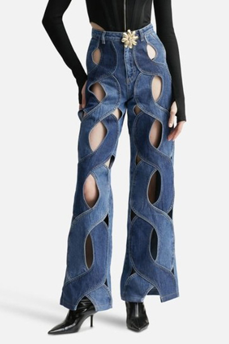 Street Solid Hollowed Out High Waist Straight Denim Jeans