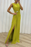 hulianfu Elegant Formal Solid Slit Fold O Neck Evening Dress Dresses(3 Colors)