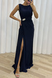 hulianfu Elegant Formal Solid Slit Fold O Neck Evening Dress Dresses(3 Colors)