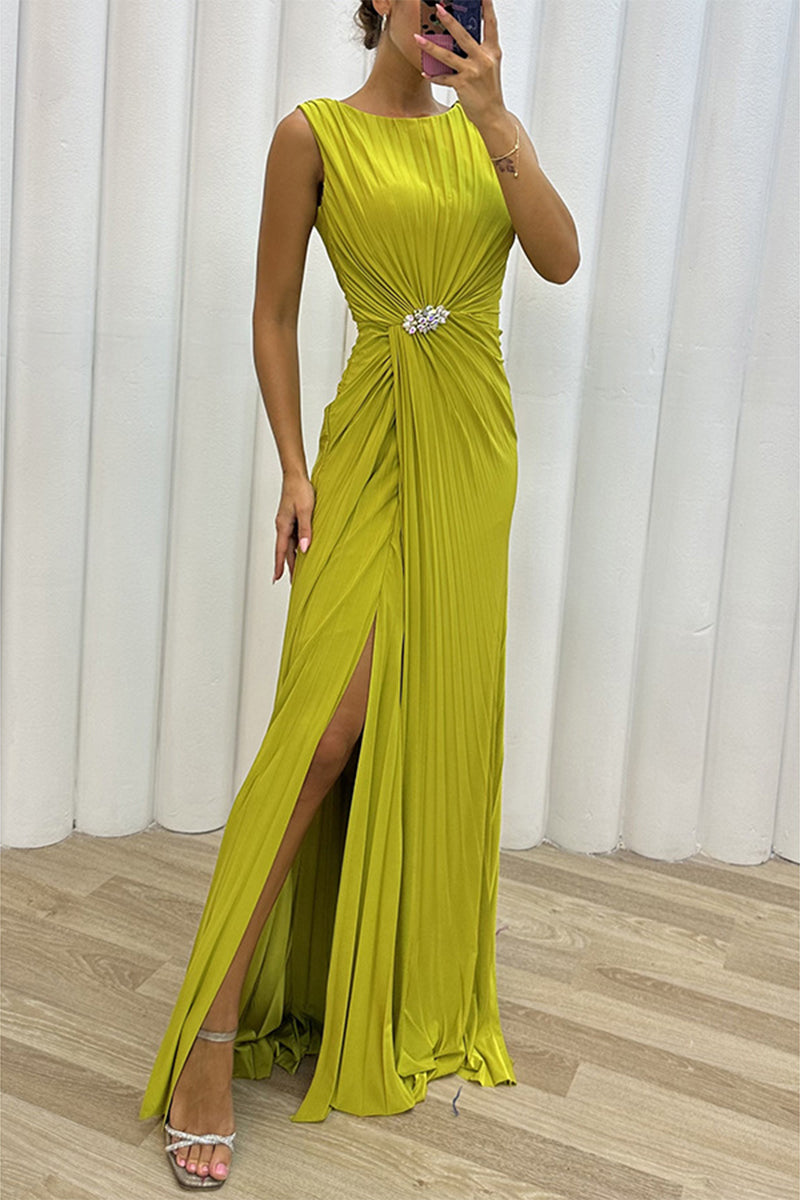 hulianfu Elegant Formal Solid Slit Fold O Neck Evening Dress Dresses(3 Colors)