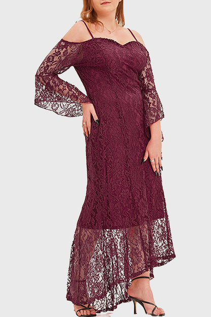 hulianfu Celebrities Elegant Solid Lace Off the Shoulder Irregular Dress Plus Size Dresses