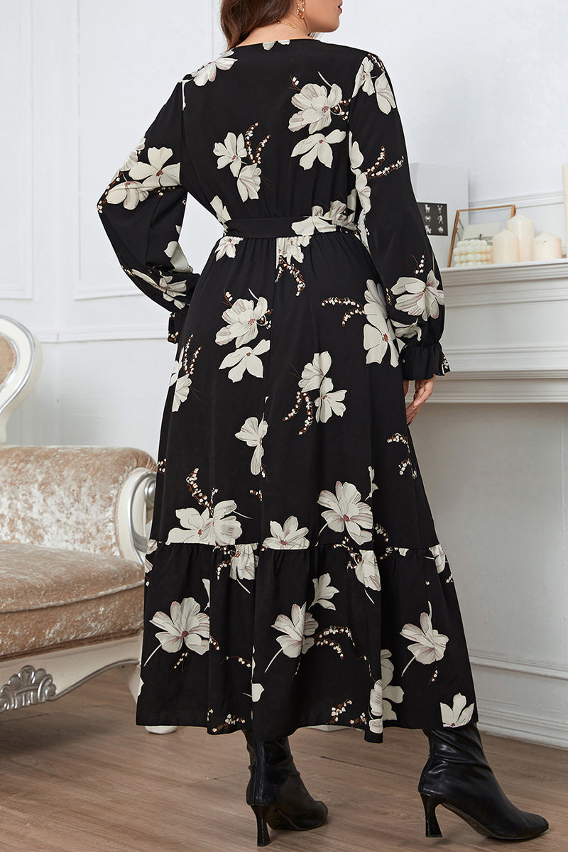 hulianfu Elegant Floral Bandage V Neck A Line Plus Size Dresses
