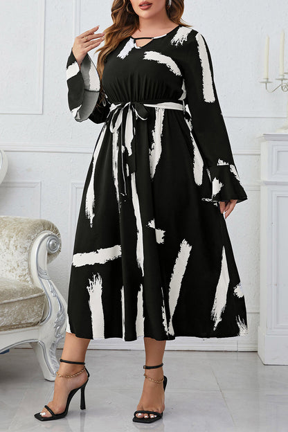 hulianfu Elegant Geometric Bandage Printing V Neck A Line Plus Size Dresses