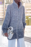 hulianfu Casual Celebrities Elegant Sequins Turndown Collar Sweaters(3 Colors)