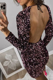 hulianfu Sexy Vintage Solid Sequins Frenulum Backless O Neck Dresses