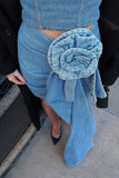 hulianfu 3D Flower Decor Romantic Side Train Denim Skirt Suit