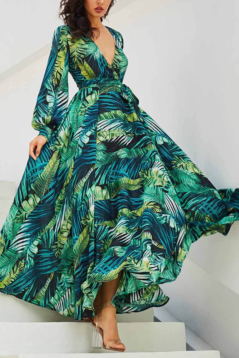 hulianfu hulianfu V-Neck Leaf Print Maxi Dress