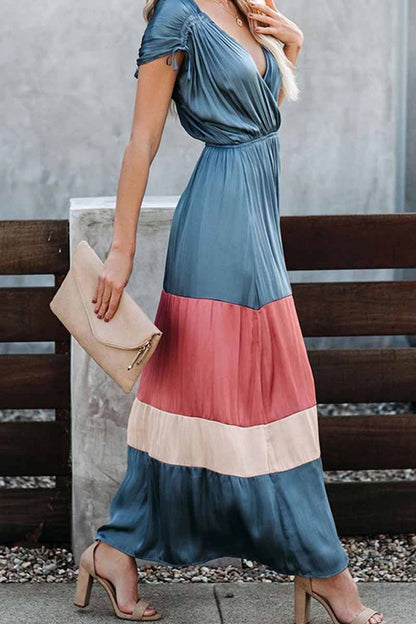 hulianfu hulianfu Summer Loose Multicolor Stitching V-Neck Short Sleeves Midi Dress