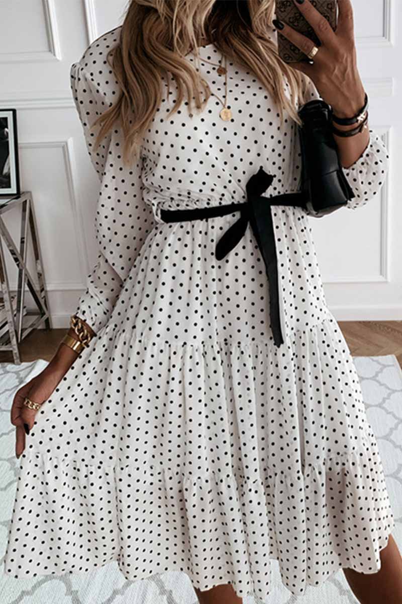 hulianfu hulianfu Elegant White Black Dot Print Round Neck Tie Midi Dress