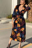 hulianfu hulianfu Stitching Flower Picture Double V-neck Midi Dress