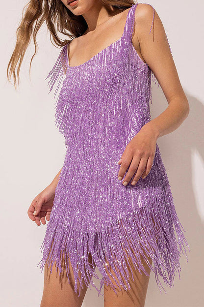 hulianfu Solid Color Rocking Tassel Backless Mini Dress