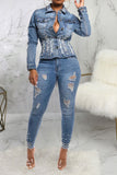 hulianfu Beaded Decor Girly Burrs Denim Coat