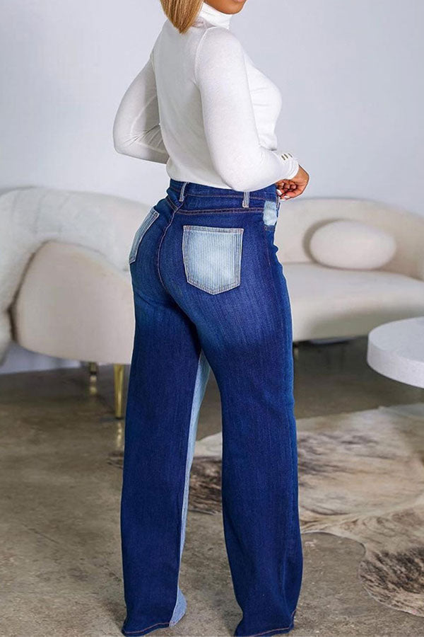 hulianfu Striped Patchwork On-trend Micro Flared Jeans