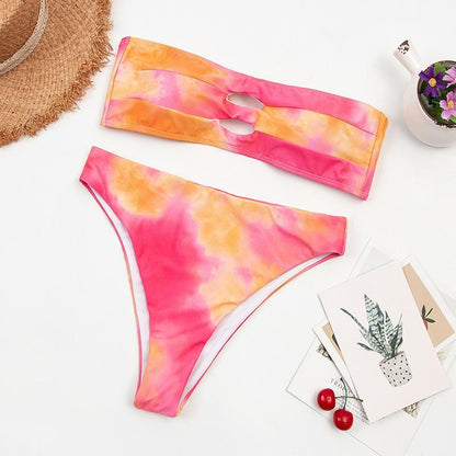 hulianfu Two-Piece Tropical Colorful High-Waist Tube Top Bikini