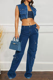 hulianfu Solid Color On-trend Zipper Denim Camisole