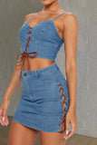 hulianfu Solid Color Smart Strappy Denim Skirt Suit