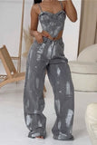 hulianfu Splash Ink Print Retro Irregular Denim Pant Suit