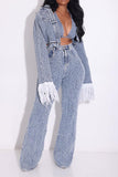 hulianfu Crochet Hollow-Out Stylish Wide Leg Denim Pant Suit