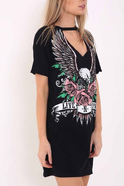 hulianfu Women's Choker Cutout V-Neck Eagle Printed Short Sleeve Mini T-Shirt Dress