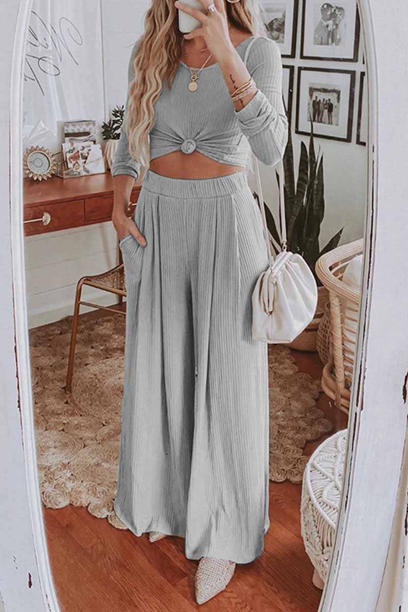 hulianfu Round Neck Long Sleeves Wide Legs Two-Piece(4 Colors)