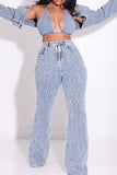 hulianfu Crochet Hollow-Out Stylish Wide Leg Denim Pant Suit