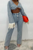 hulianfu Crochet Hollow-Out Stylish Wide Leg Denim Pant Suit