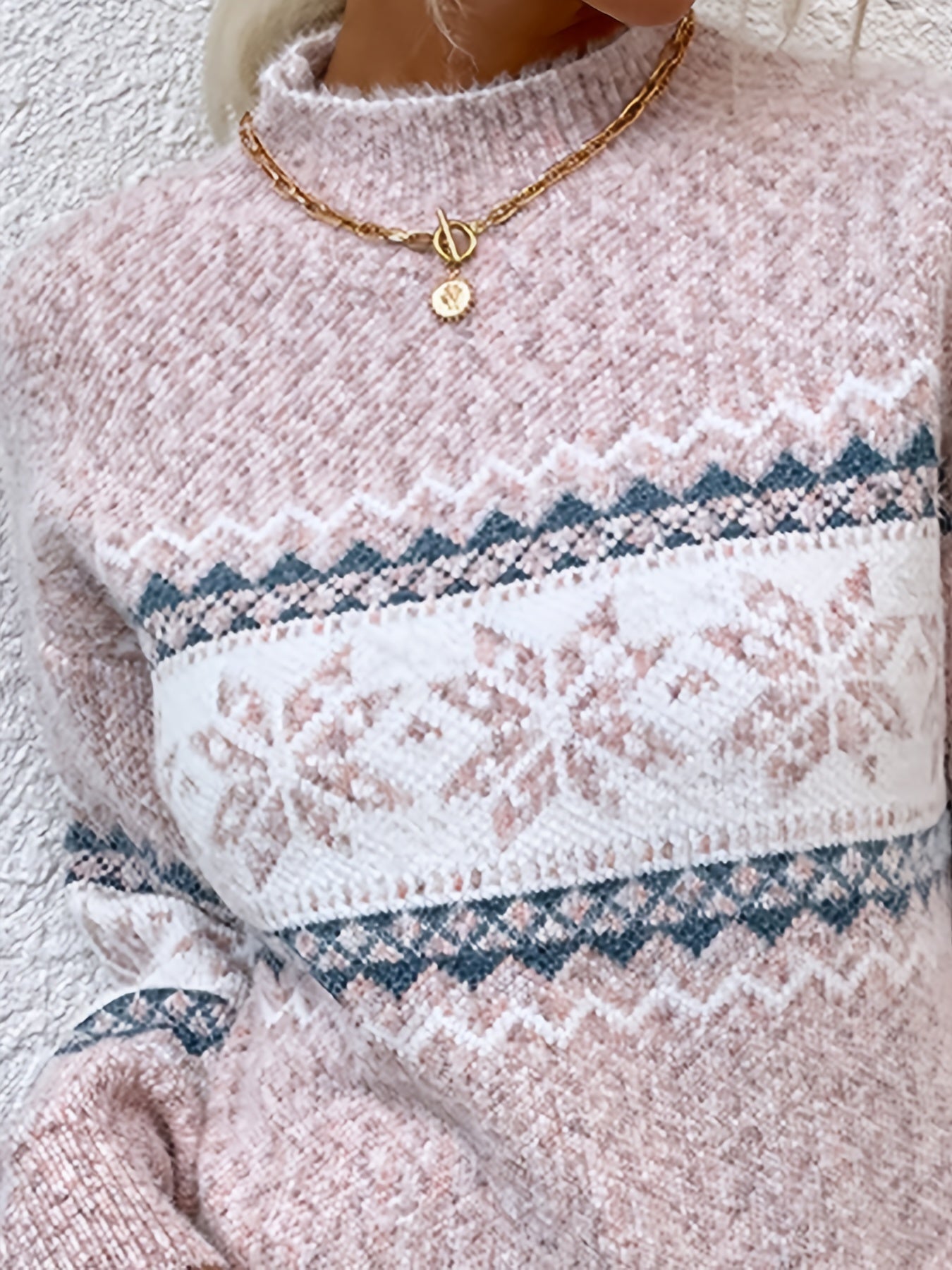 hulianfu Christmas Snowflake Print Half Turtleneck Sweater, Casual Fall Winter Knit Top, Women's Clothing