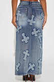 hulianfu Cross Applique On-trend High Split Washed Denim Dress Suit