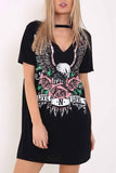 hulianfu Women's Choker Cutout V-Neck Eagle Printed Short Sleeve Mini T-Shirt Dress