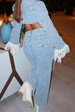 hulianfu Crochet Hollow-Out Stylish Wide Leg Denim Pant Suit