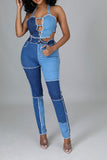 hulianfu Color Block Burrs Patchwork Unique Cutout Denim Pant Suit