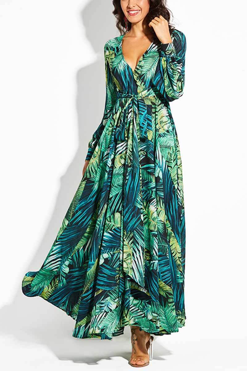 hulianfu hulianfu V-Neck Leaf Print Maxi Dress