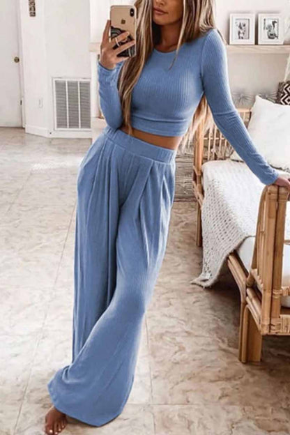 hulianfu Round Neck Long Sleeves Wide Legs Two-Piece(4 Colors)