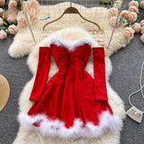 Women Elegant Dress For New Year  Strapless Backless Furry Sexy Short Mini Christmas Dress Navidad Red Party Dress Femme