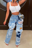 hulianfu Patchwork Stylish Ripped Burrs Jeans