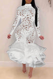 hulianfu Floral Lace Elegant See-Through Midi Dress