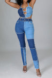 hulianfu Color Block Burrs Patchwork Unique Cutout Denim Pant Suit