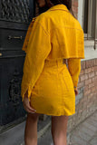 hulianfu Solid Color Denim Cozy Pocket Dress Suit