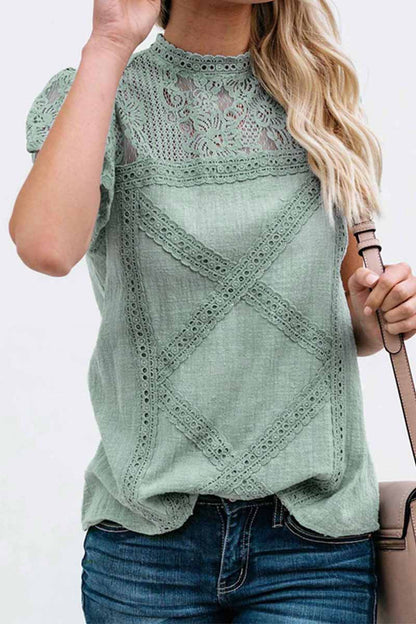 hulianfu Summer Geometric Stitching Lace Short Sleeves Tops (6 Colors)