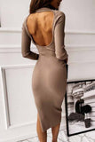 hulianfu hulianfu Open Back Long Sleeve Solid Color Midi Dresses