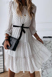 hulianfu hulianfu Elegant White Black Dot Print Round Neck Tie Midi Dress