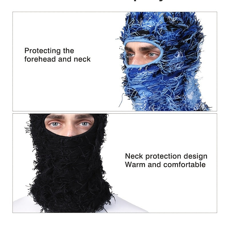 Solid Color Distressed Balaclava Mask, Full Face Cover Windproof Thermal Ski Mask, Outdoor Halloween Style Knit Headgear