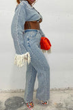 hulianfu Crochet Hollow-Out Stylish Wide Leg Denim Pant Suit