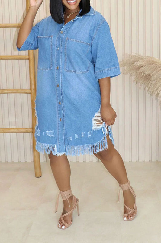 Ripped Denim Relaxed Pocket Button Midi Dress