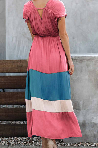 hulianfu hulianfu Summer Loose Multicolor Stitching V-Neck Short Sleeves Midi Dress