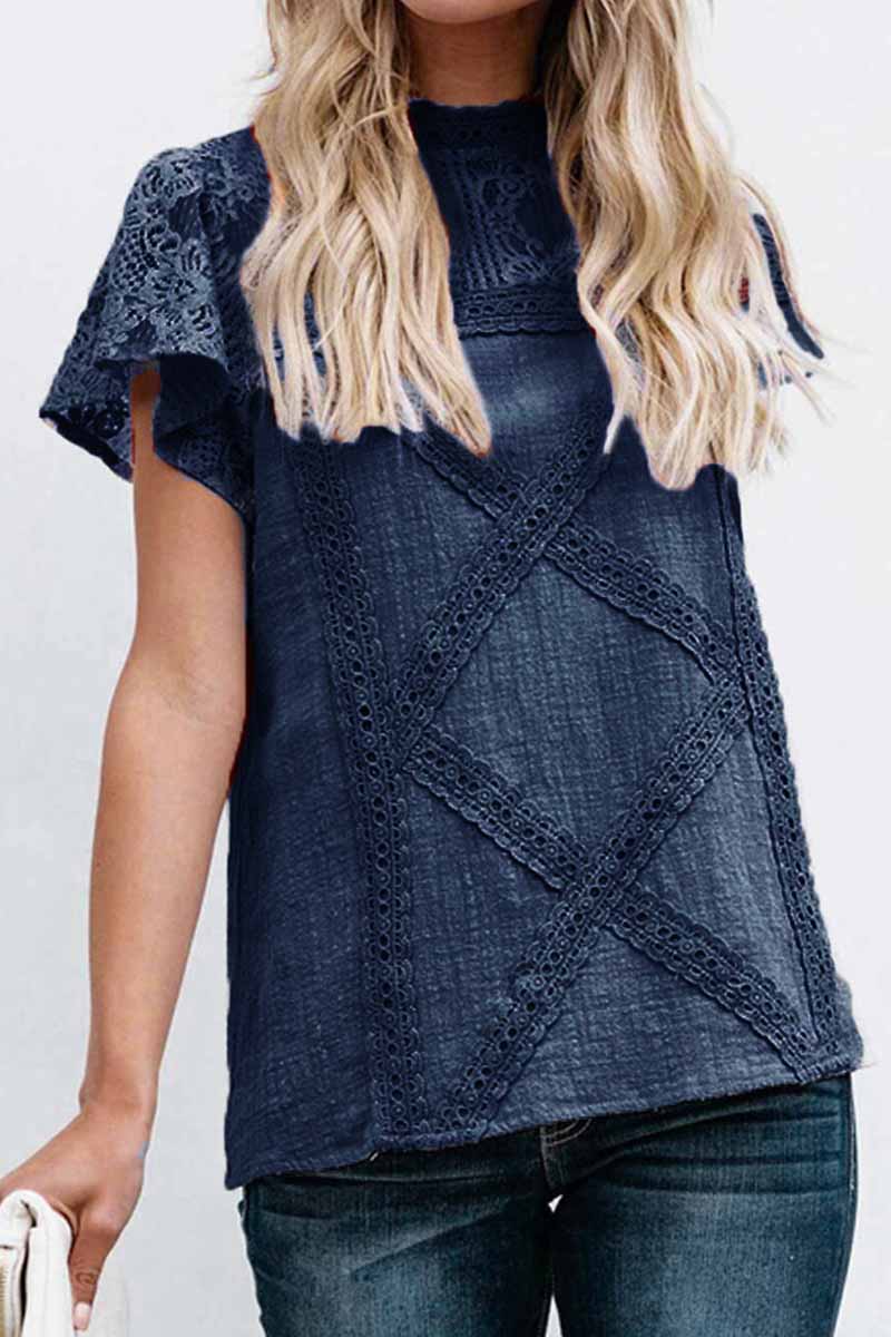 hulianfu Summer Geometric Stitching Lace Short Sleeves Tops (6 Colors)