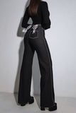 hulianfu Solid Color Denim Classic Strappy Micro Flared Pant Suit