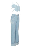 hulianfu Butterfly Denim Rocking Backless Pant Suit