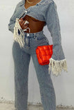 hulianfu Crochet Hollow-Out Stylish Wide Leg Denim Pant Suit