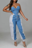 hulianfu Denim Patchwork Sporty Pocket Design Pant Suit